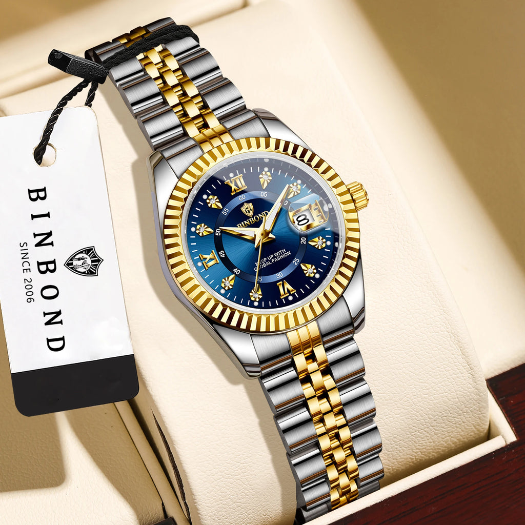 BINBOND Quartz Watches For Women Luminous Waterproof Stainless Steel Ladies Watch Montre Femme Luxe De Marque Reloj With Box