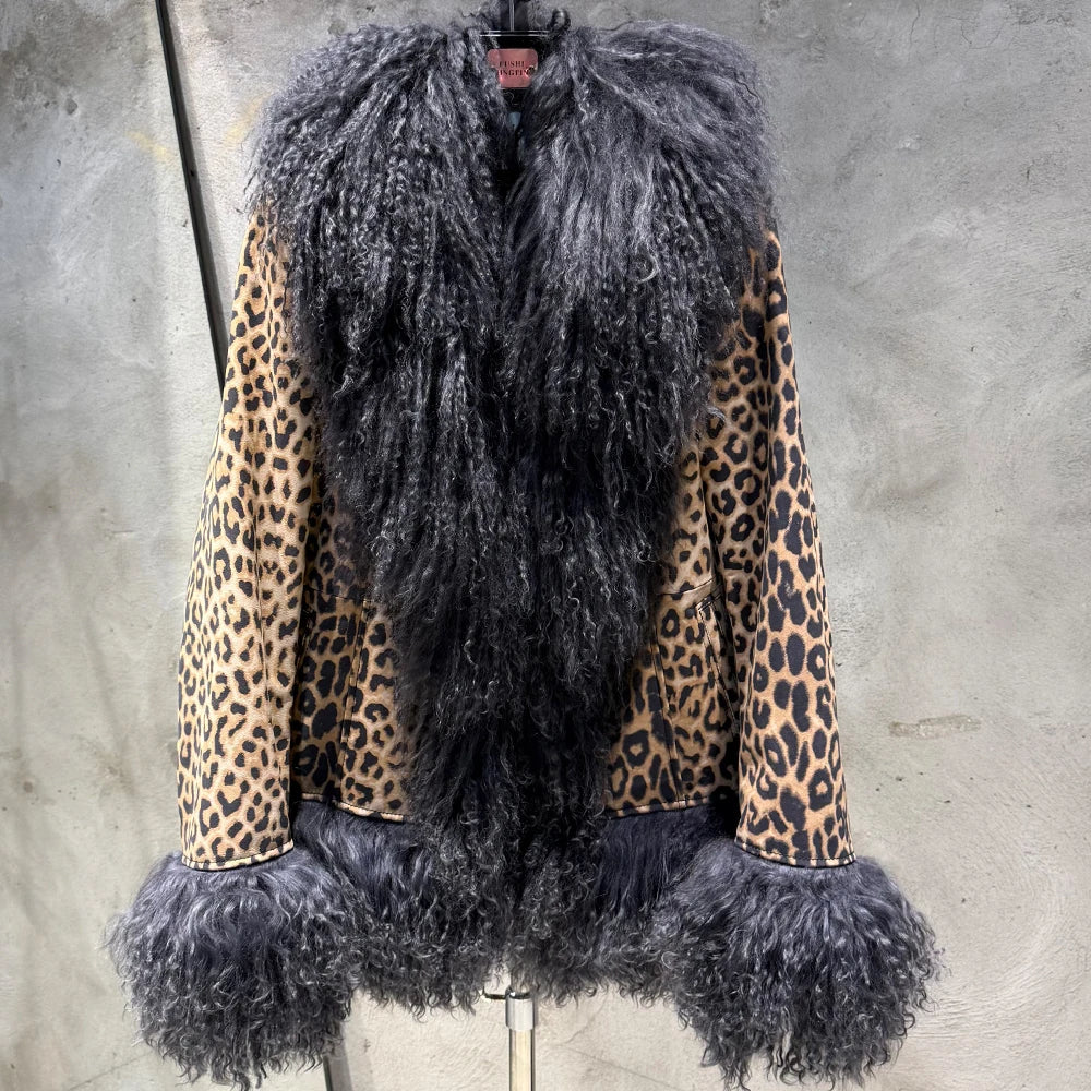 Leopard Print Real Leather Women Coat with Pink Mongolian Fur Luxurious Winter Streetwear for Ladies