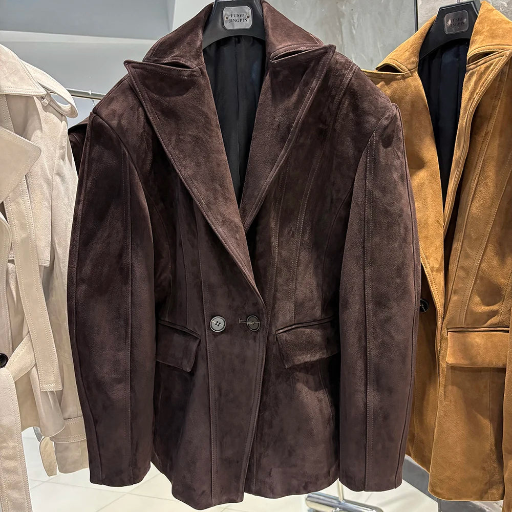 YOLOAgain Vintage Suede Blazer Jacket Women Double Breasted Lapel Dark Brown Genuine Sheepskin Leather Jacket Coat Female