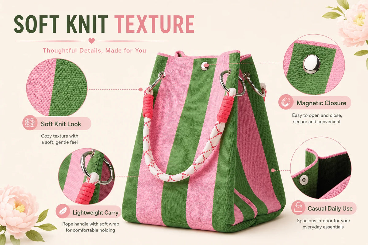 Korean Style Mini Knit Tote Bag Women Striped Crochet Bucket Handbag Lightweight Summer Daily Shoulder Purse For Vacation