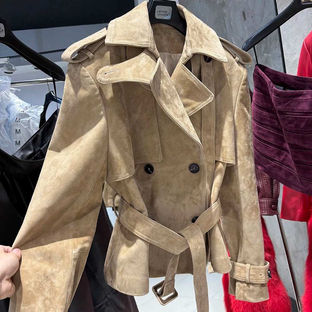 YOLOAgain High Quality Suede Leather Jacket Women With Belt Double Breasted Croc Pattern Jacket Female