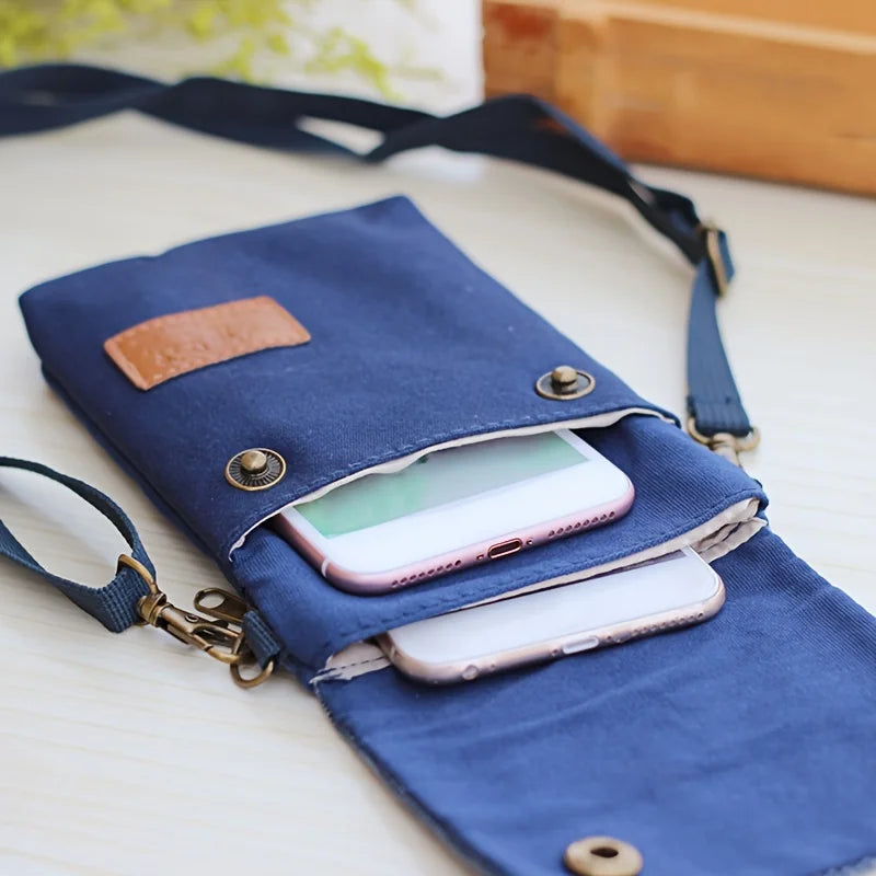Solid Color Canvas 3 Layer Crossbody Cell Phone Bag Simple Cloth Women's Bag Fashion Satchel Shoulder Coin Purse