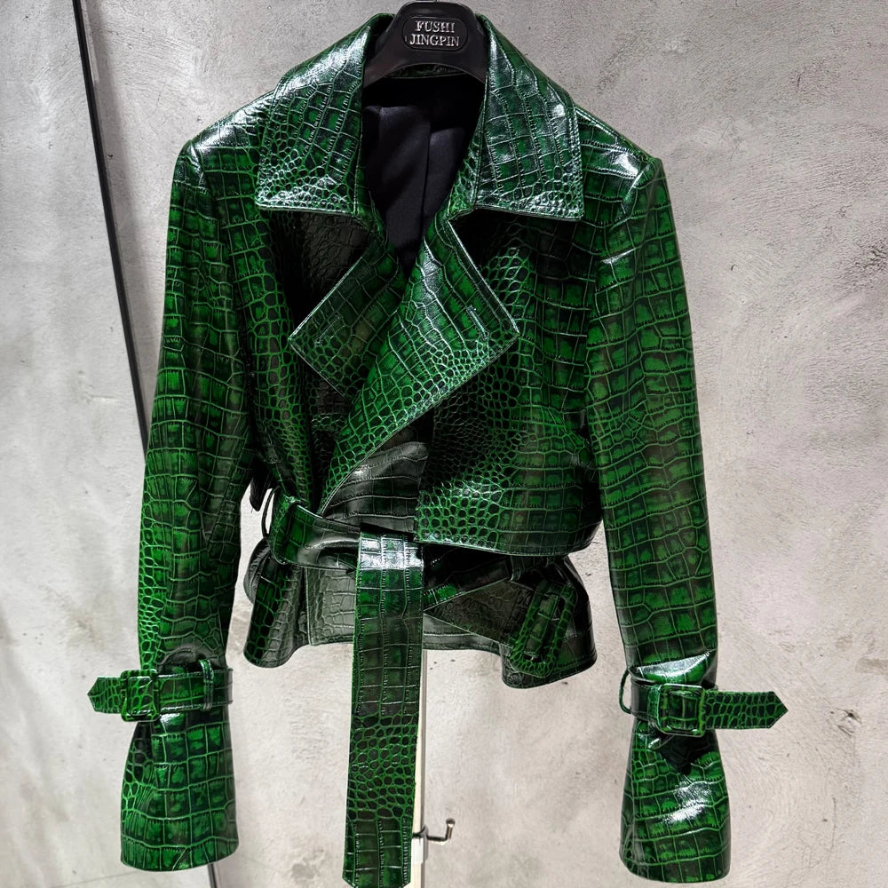 Croc Pattern Real Leather Jacket Autumn Outerwear For Female Cropped Belted Real Sheepskin Jacket