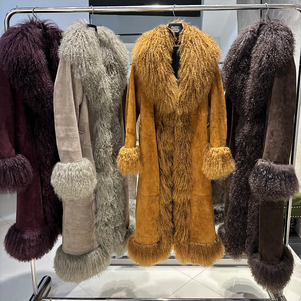 YOLOAgain Real Mongolia Sheep Fur Jacket Long Dark Brown Suede Coat Women