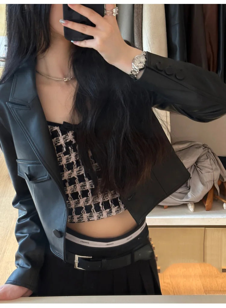 2024 New Short Genuine Leather Blazer Jackets for Women Fashion Pink Lapel Single Button Female Long Sleeve Sheepskin Jackets