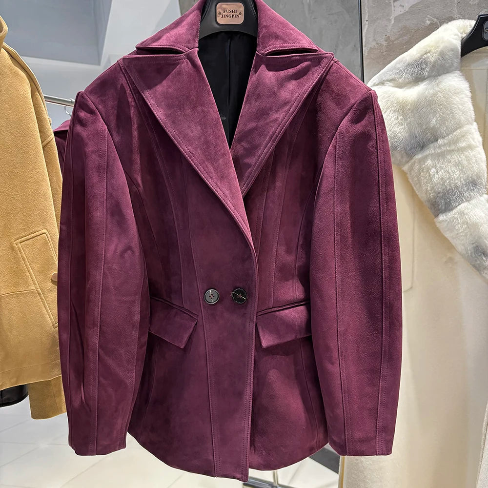 YOLOAgain Vintage Suede Blazer Jacket Women Double Breasted Lapel Dark Brown Genuine Sheepskin Leather Jacket Coat Female