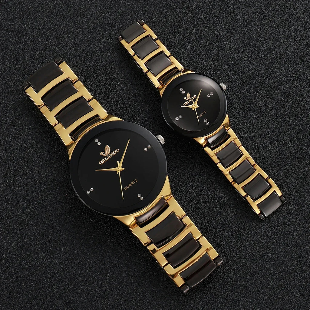 1/2PCS Fashion Couple's Watches Luxury Women Quartz Watch Men Business Watches Black Steel Band Male Analog Quartz Watch