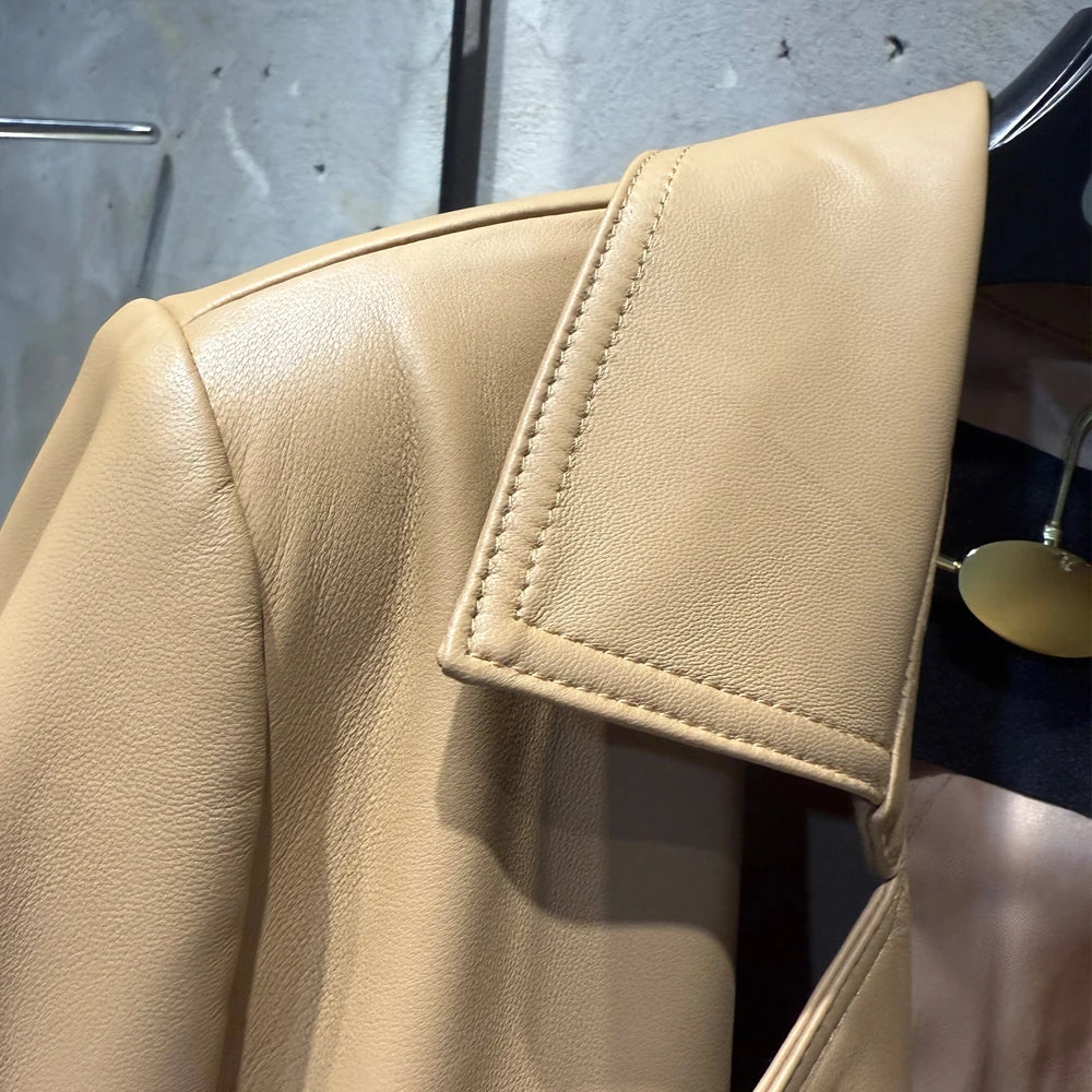 Croc Pattern Real Leather Jacket Autumn Outerwear For Female Cropped Belted Real Sheepskin Jacket