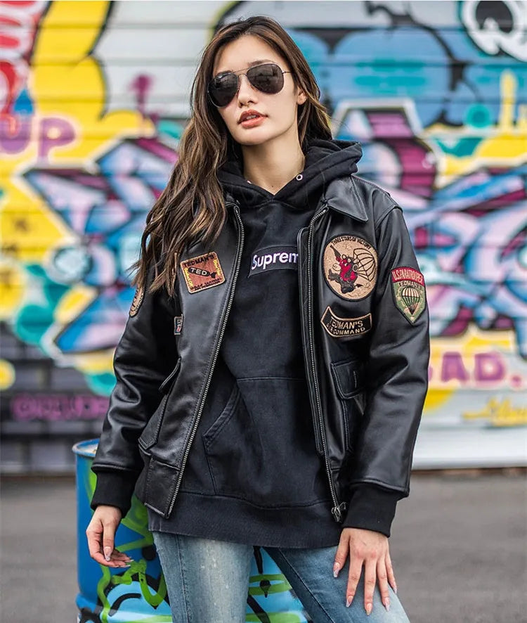 Dark Brown G1 Pilot Leather Jacket Women Military Style Plus Size 3XL Natural Cowhide Autumn Aviation Genuine Leather Coats