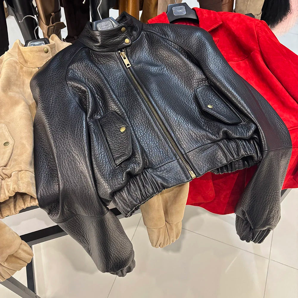 YOLOAgain Suede Leather Jacket Coat Women Real Leather Cropped Jacket Bomber Jacket