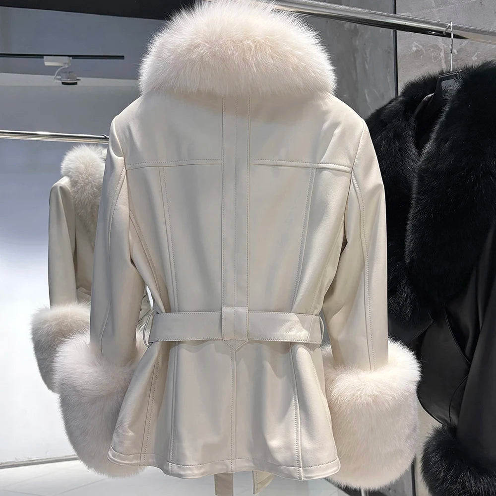 YOLOAgain Women's Real Fox Fur Collar Sheepskin Leather Jacket Coat Autumn 2025