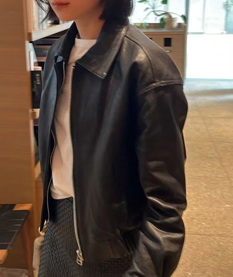 Genuine Leather Jacket for Women Sheepskin Leather Short Coat Female Collar Cropped Veste Woman Clothing Basic Daily Outfit