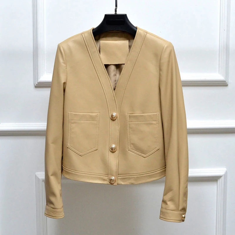 Genuine Sheepskin Casacas Para Mujer Women Casual V-neck Short Khaki/White/Black Leather Jacket Feminino Slim Tops Trendy Pocket