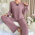Women Ribbed Pajama Set V Neck Bow Long Sleeve Pants Soft Loungewear Two Piece Sleep Suit Daily Home Bedroom Casual Night Wear