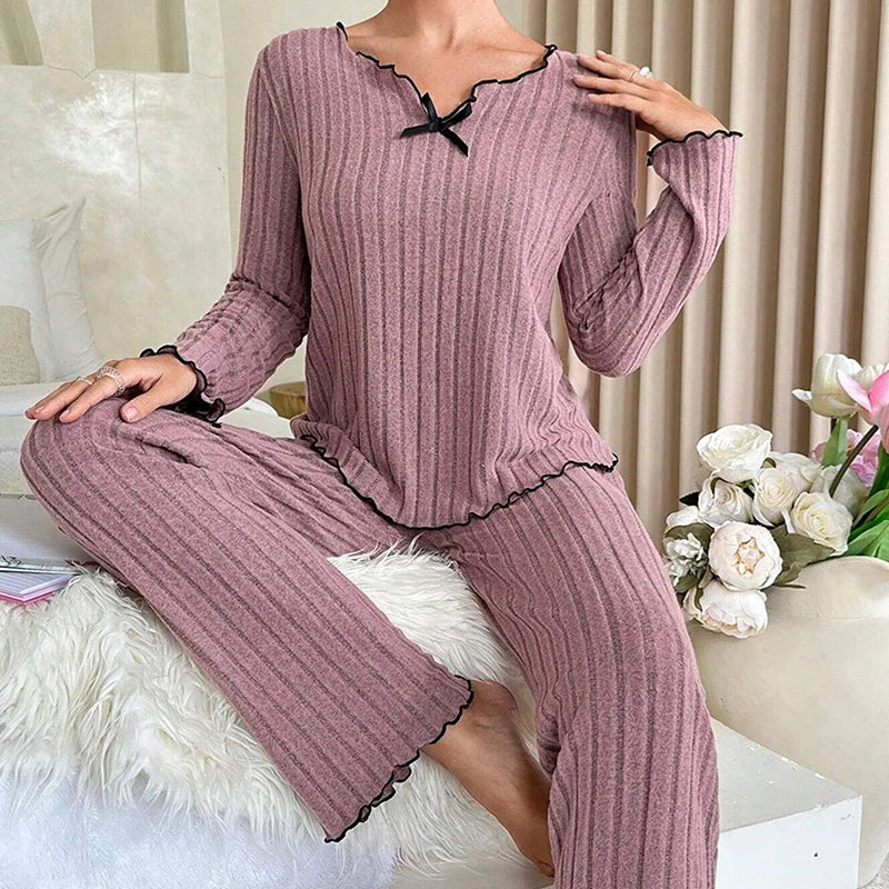 Women Ribbed Pajama Set V Neck Bow Long Sleeve Pants Soft Loungewear Two Piece Sleep Suit Daily Home Bedroom Casual Night Wear
