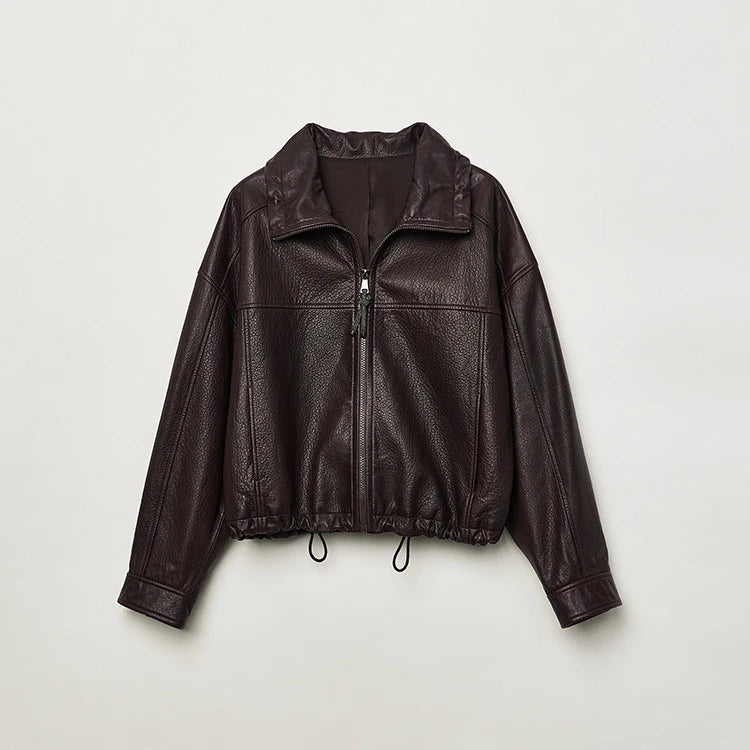 Real Leather Jacket Women Autumn High Stand Collar Drawstring Double Zippers Locomotive Retro Short Sheepskin Coat Kurtka Damska