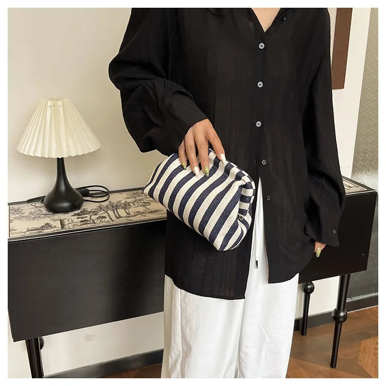 Summer Woven Crochet Purses for Women Beach Clutch Handbags 2026 Dumpling Hobo Casual Colorblock Bag Ladies Ruched Cloud Purse