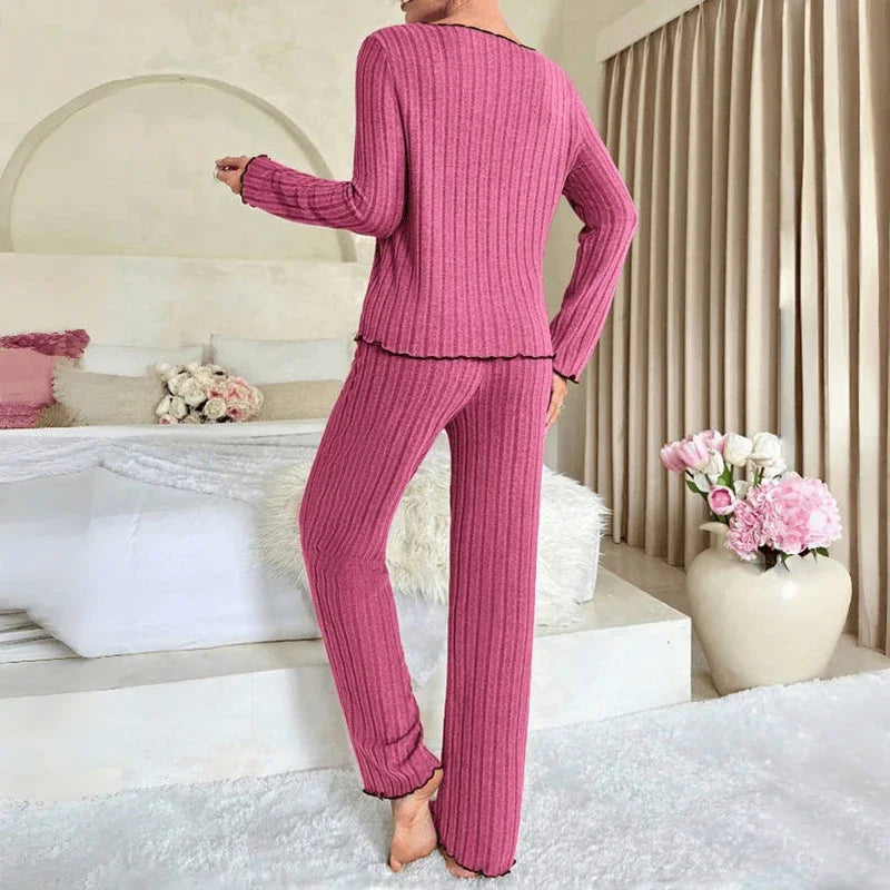 Women Ribbed Pajama Set V Neck Bow Long Sleeve Pants Soft Loungewear Two Piece Sleep Suit Daily Home Bedroom Casual Night Wear