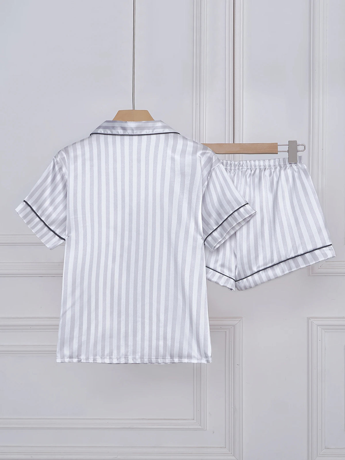 Striped Embroidered Letter Pocket Short Sleeve and Shorts Pajama Set, Casual Satin Sleepwear with Lapel Collar and Button Detail
