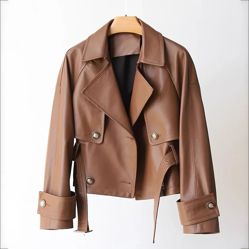 Leather Jacket for Women Spring Double-Breasted Belt Waist Closing Slim Ceket Kadın Imported Sheepskin Loose Short Trench Coat
