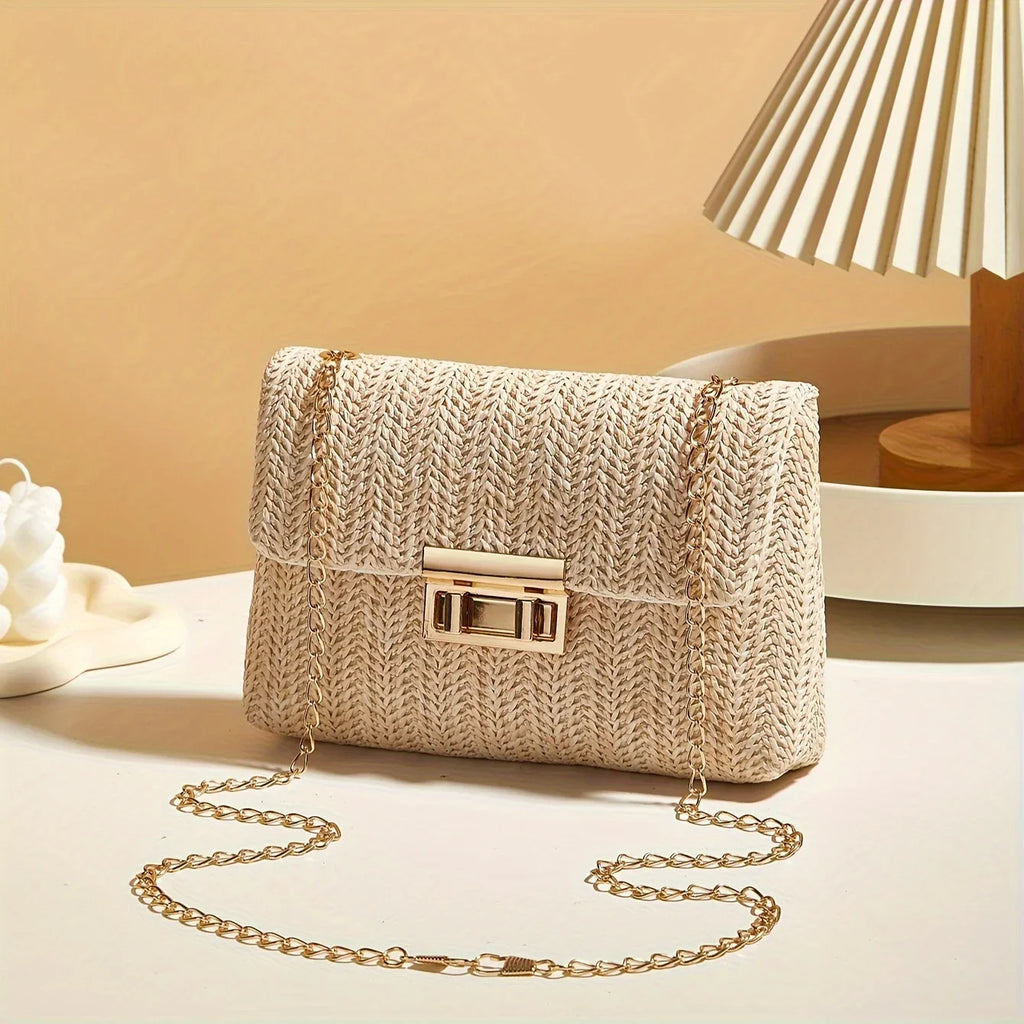 Woven Straw Handwoven Women's Shoulder Bag, Fashion Solid Color Crossbody Purse with Lock Closure