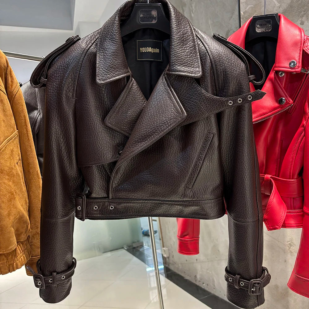 YOLOAgain Women's Real Leather Jacket Sheepskin Coat