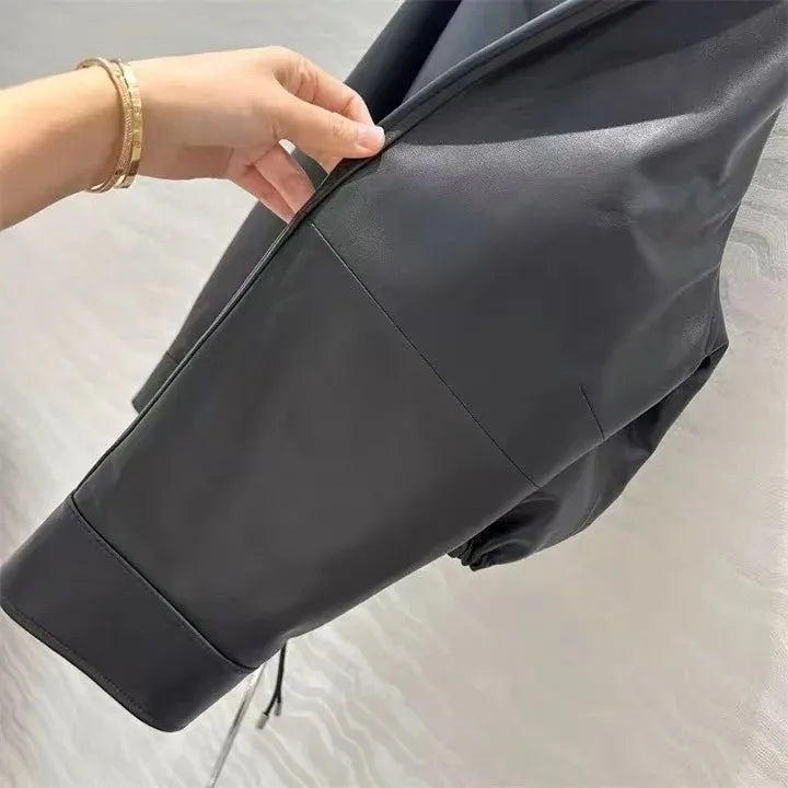 Real Leather Clothing for Women Lapel Drawstring Silhouette Short Coat Female Genuine Sheepskin Balloon Jacket Bomber Femme