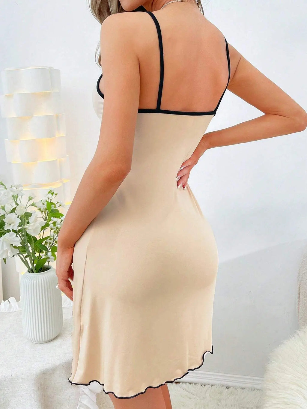 2026 New Women's Autumn Home Clothes Printed Cute Bear Strap Skirt Off Shoulder Pajamas Home Fashion Contrast Ruffle Edge Dress