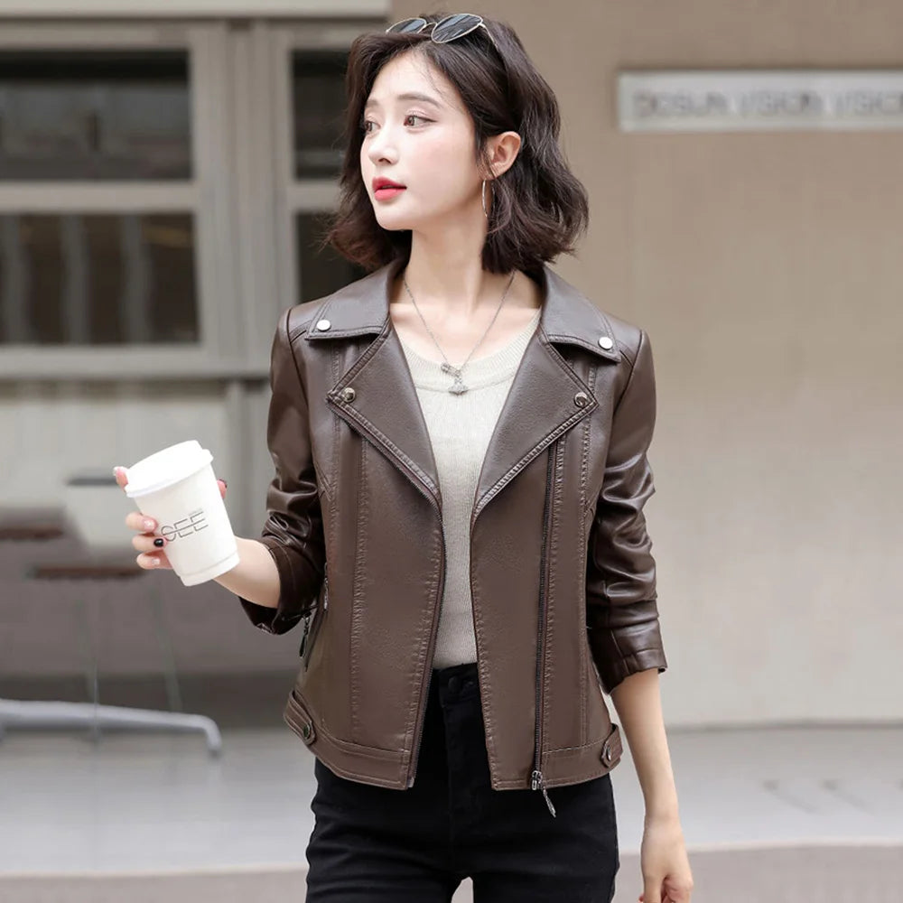 New Women Spring Autumn Leather Jacket Fashion Suit Collar Long Sleeve Motorcycle Jacket Casual Short Biker Coat Split Leather