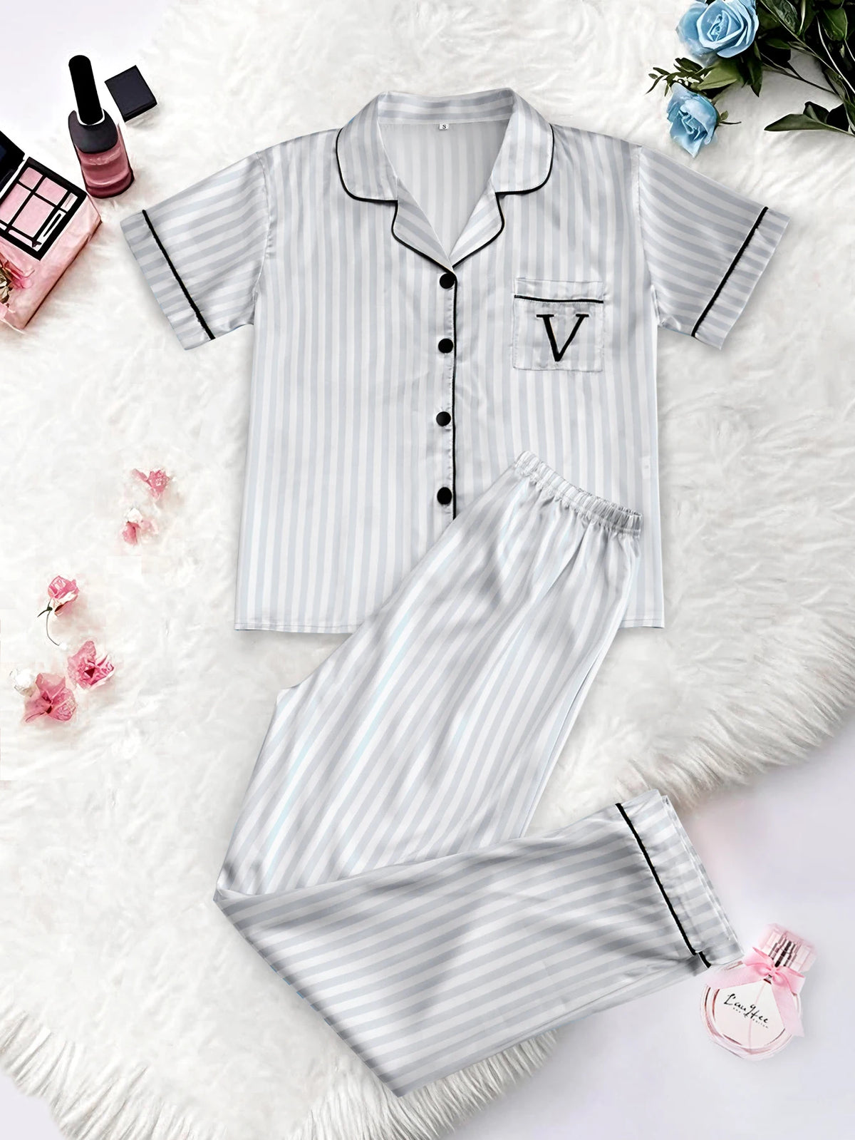 Classic Striped Print And Pocket Letter Short-Sleeve Long Pants Pajama Set, Satin Sleepwear with Lapel Collar and Button Detail
