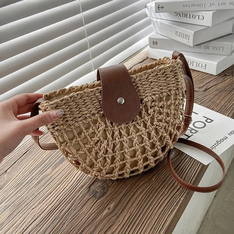 Summer Straw Bag For Women Fashion Semicircle Crossbody Bags Rattan Handmade Messenger Handbag Travel Beach Bags Tote