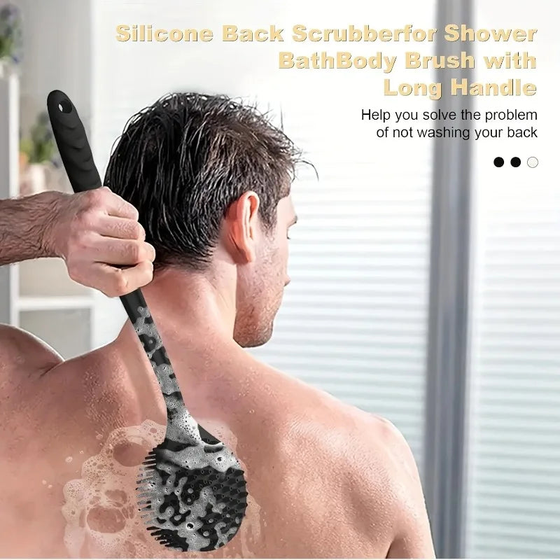 Silicone Body Scrubber Back Brush for Shower Long Handle Body Deep Cleansing and Exfoliating Massage Double-Sided Soft Bristles