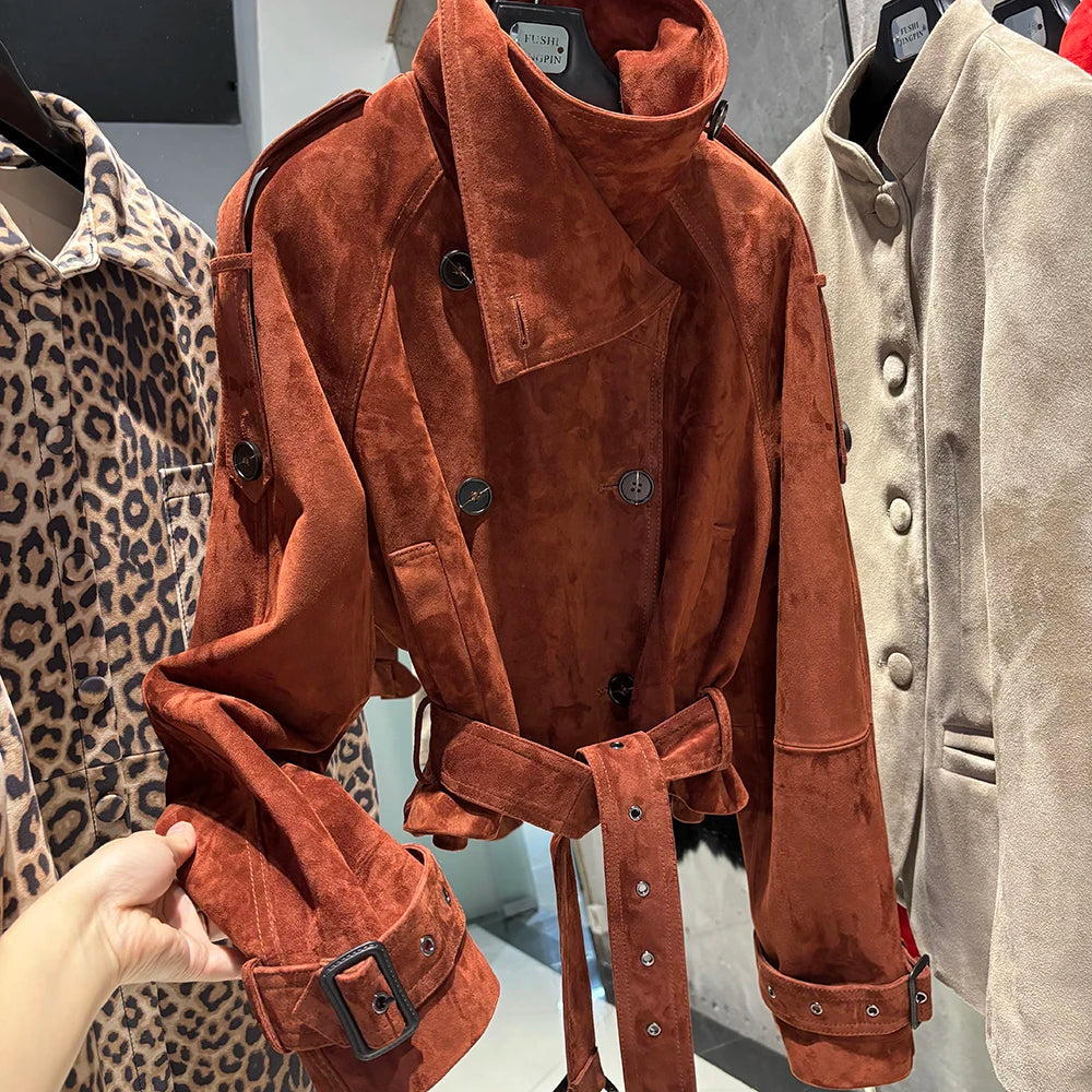 YOLOAgain Funnel Neck Real Leather Jacket Women Double Breasted Suede Jacket With Belt Streetwear