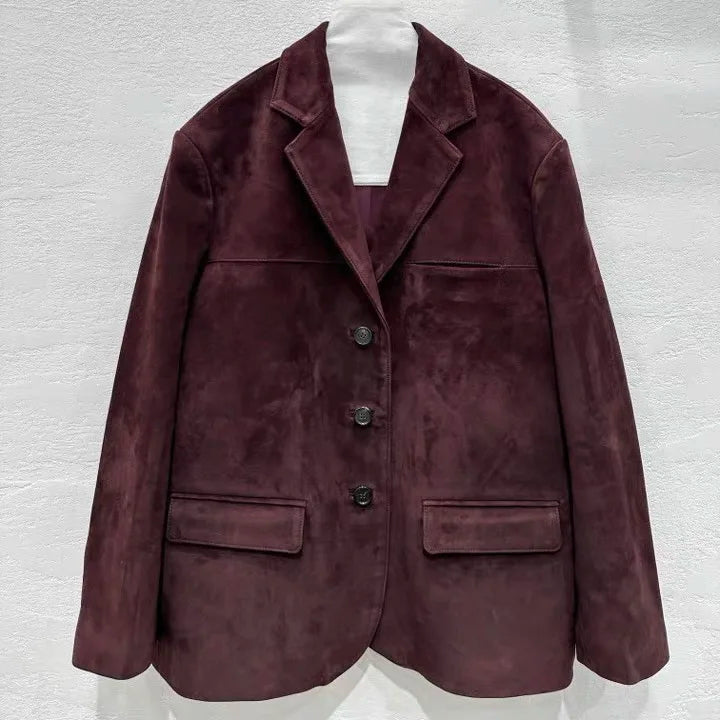 High Quality Suede Leather Suit Jacket Woman Kid Suede Flip Collar Wide Shoulder Split Vintage Ropa Mujer Dark Blue Blazer Coat