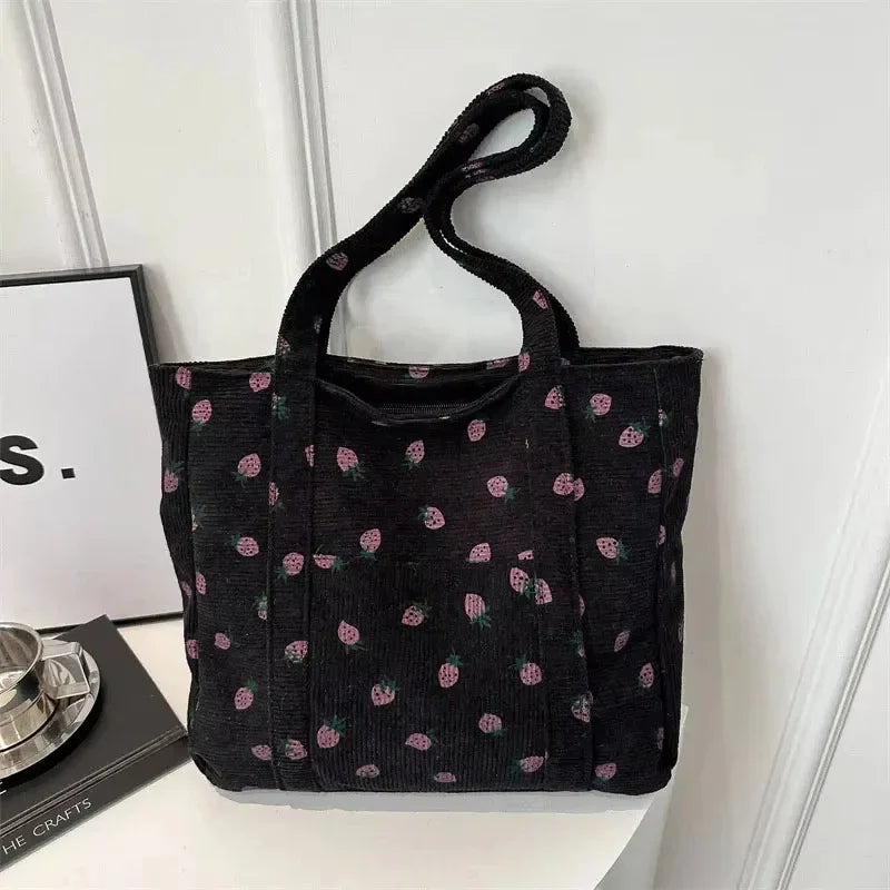 Corduroy Handbag Strawberry Print Beach Bag Fashion Large Capacity Tote Bag for Women Versatile Commuter Shoulder Bag Bolsos