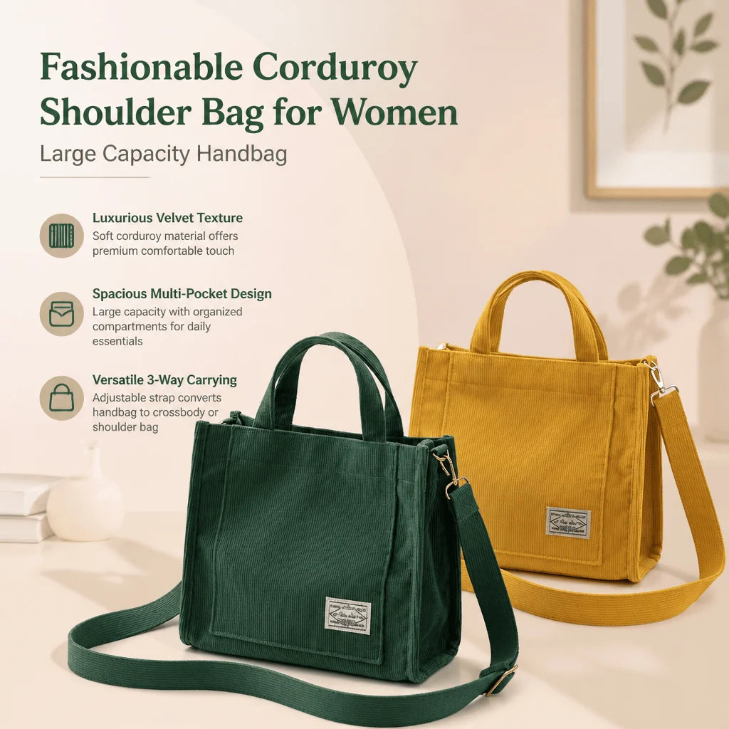 Velvet Corduroy Shoulder Bag Ladies Large Capacity Crossbody Tote Multi-Pocket Versatile Daily Fashion Purse Adjustable Strap
