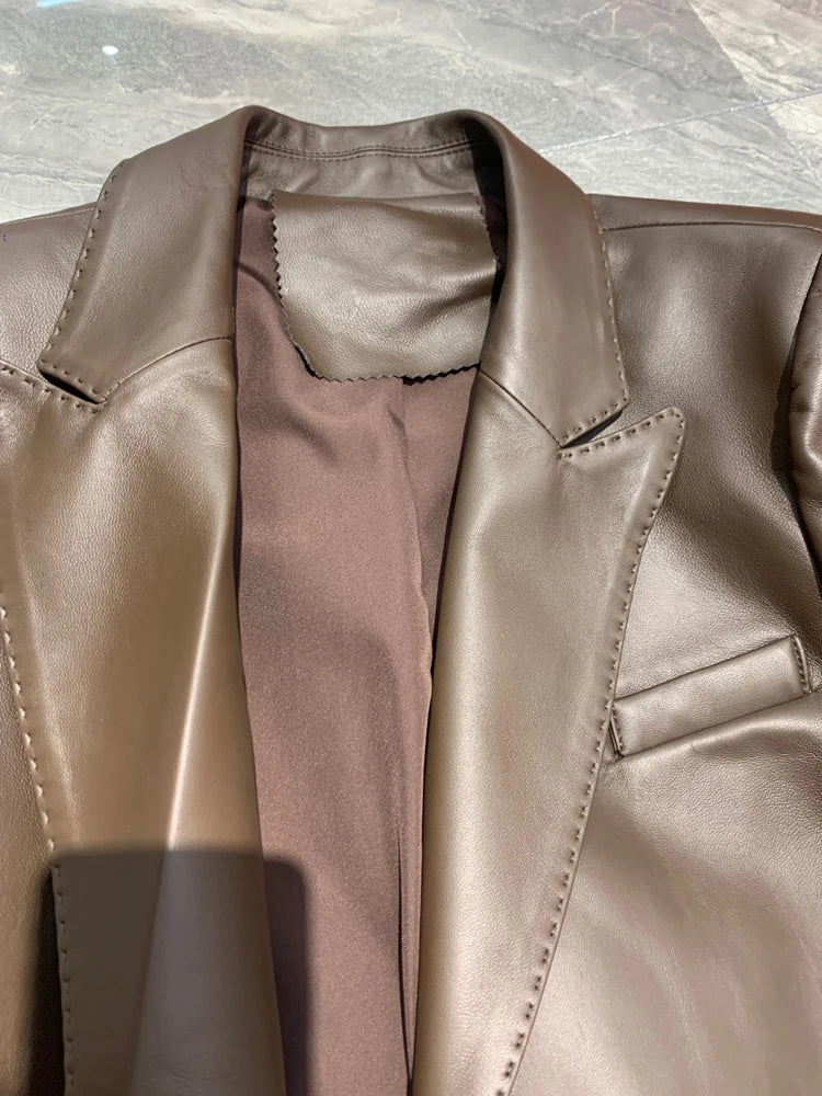 Suit Leather Jacket For Women 2025 Female 100% Sheepskin Lined Suit Collar Slim Short Quilted Coats Retro OL Sobretudo Feminino