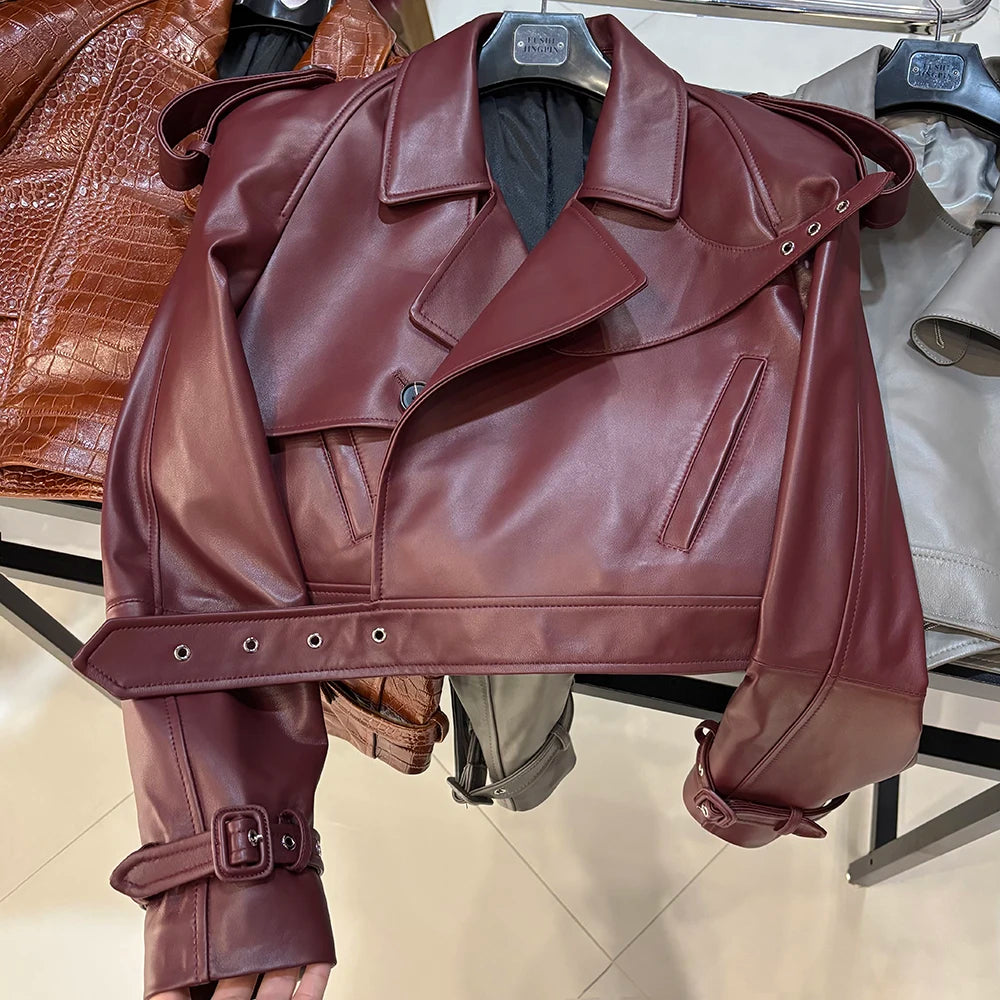 YOLOAgain Women's Real Leather Jacket Sheepskin Coat