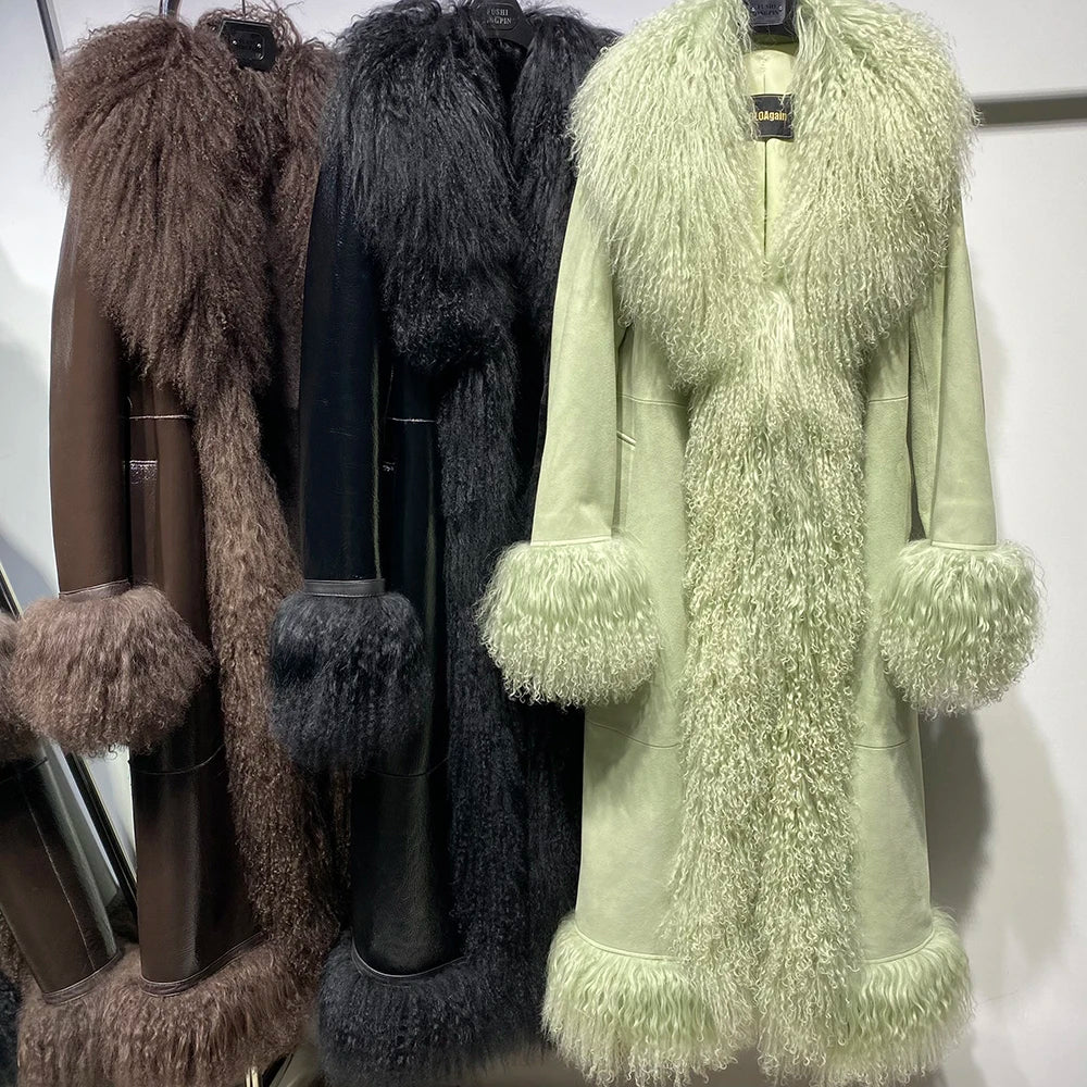 YOLOAgain Mongolia Sheep Fur Collar Real Leather Coat Women Suede Jacket 2025 Winter Outerwear