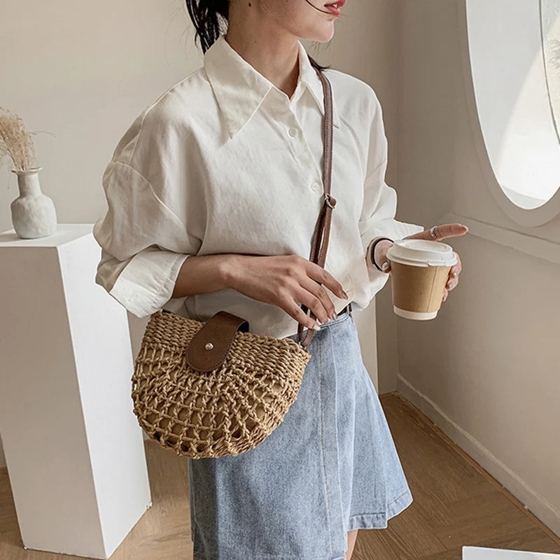 Summer Straw Bag For Women Fashion Semicircle Crossbody Bags Rattan Handmade Messenger Handbag Travel Beach Bags Tote