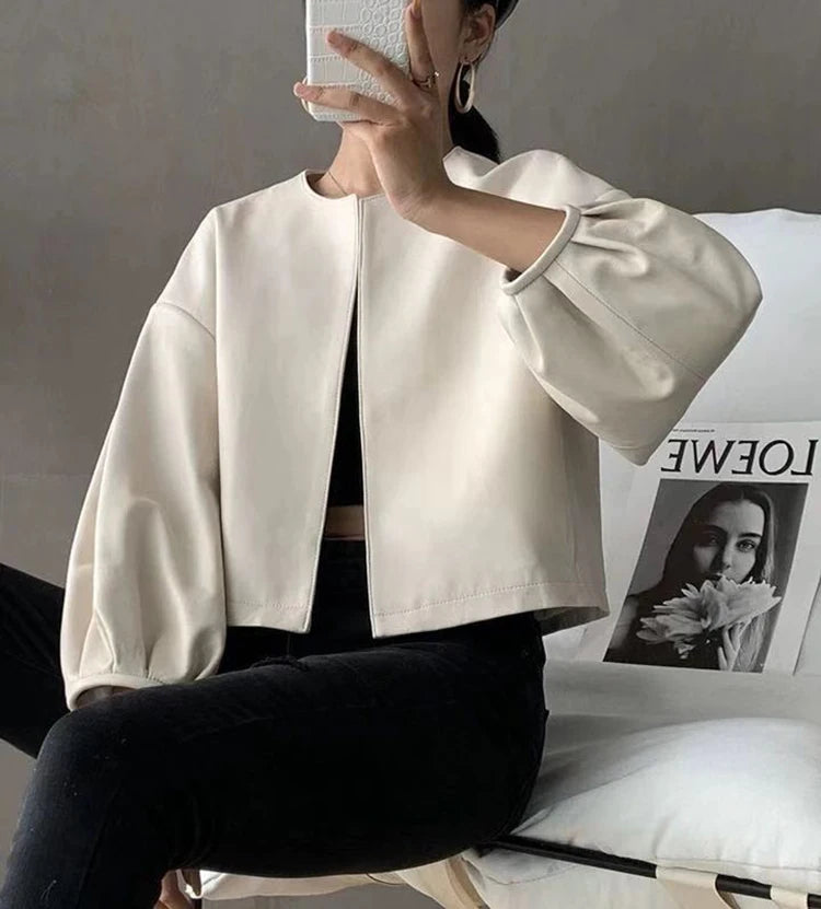 Autumn Puff Sleeve Genuine Leather Jacket Women 100% Sheepskin Collarless Cardigan Casacas Loose Small Short Blouson Cuir Femme