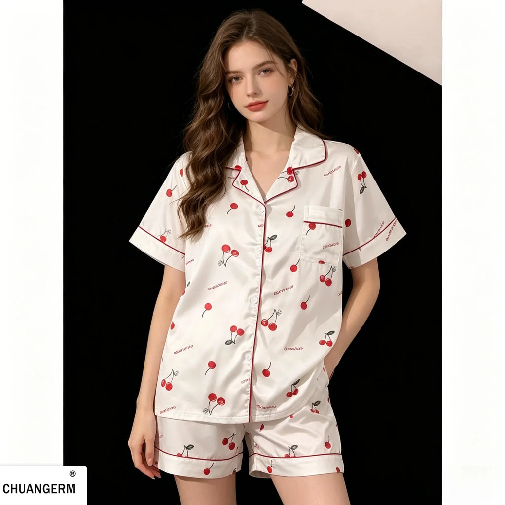 Cherry Print Silk Pajamas Set For Women Summer Short Sleeve Shirt And Shorts Two Pieces Sleepwear Homewear Nightwear