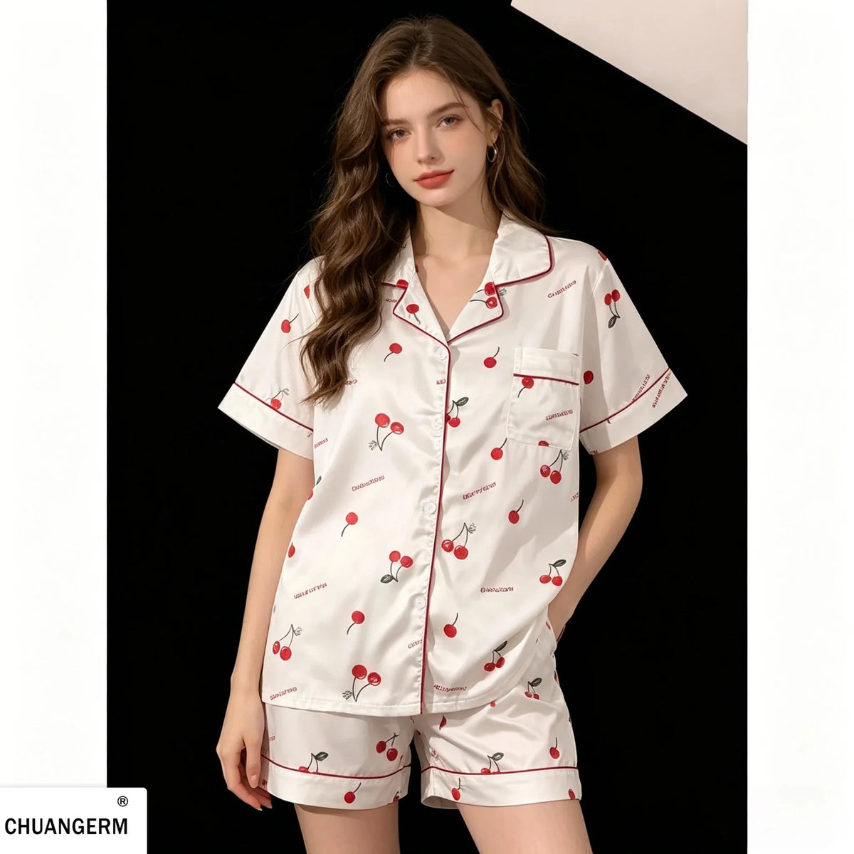 Cherry Print Silk Pajamas Set For Women Summer Short Sleeve Shirt And Shorts Two Pieces Sleepwear Homewear Nightwear