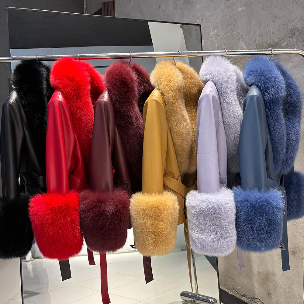 YOLOAgain Women's Real Fox Fur Collar Sheepskin Leather Jacket Coat Autumn 2025