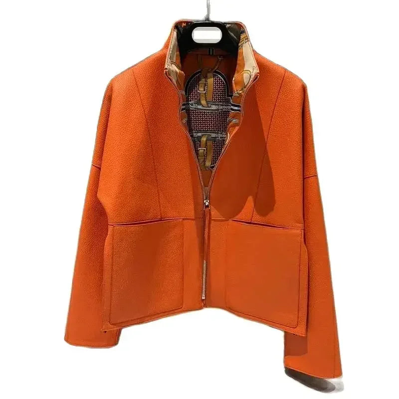 New Fashion 2026 Women Coat Spring Orange Import Real Sheepskin Jacket Floral Pattern Lining Short Length Big Pockets