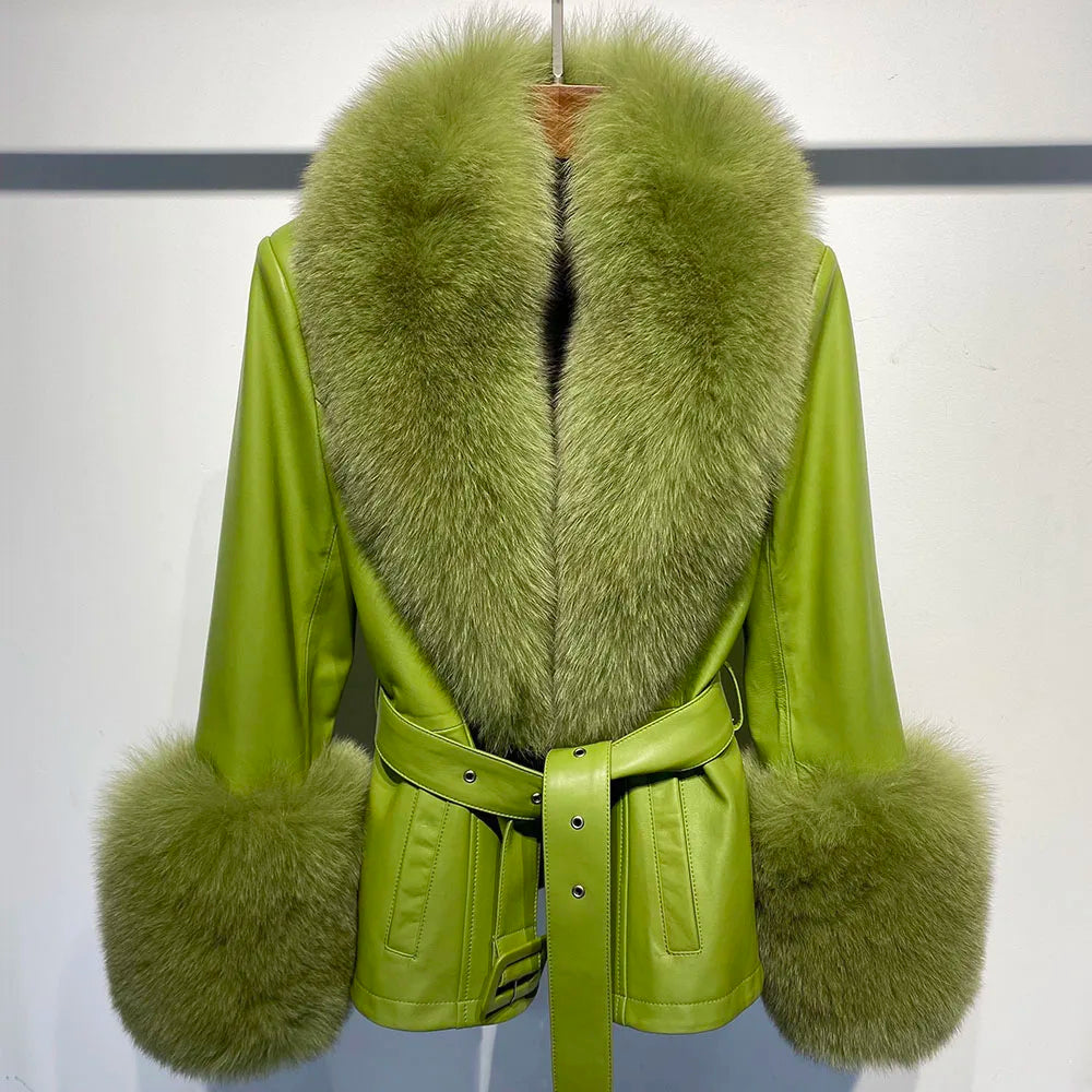 YOLOAgain Women's Real Fox Fur Collar Sheepskin Leather Jacket Coat Autumn 2025