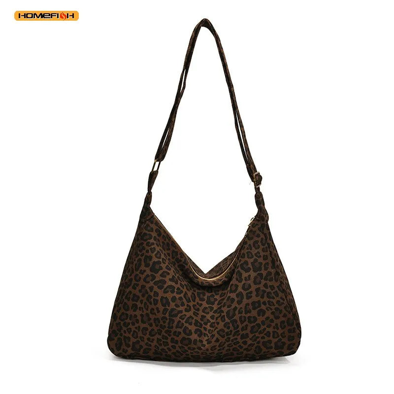 Trendy Casual Soft Textile Women's Shoulder Bag Large Capacity Leopard Print Female Retro Crossbody Bag For Commute Outings