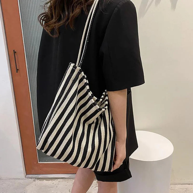 Large Capacity Korean Style Stripe Canvas Tote Bag Female Casual Simple Shoulder Bags Shopping Handbag Daily Totes Bag