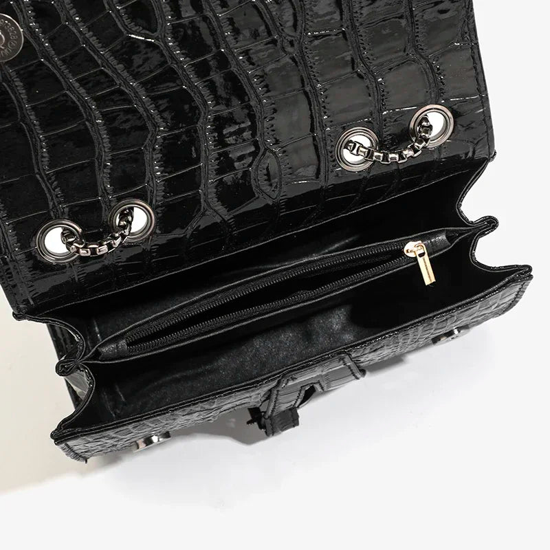 Fashion Ladies Croc Pattern Sequined Chain Crossbody Bag D‑Buckle Shoulder Messenger Handbag Women Evening Party Purse