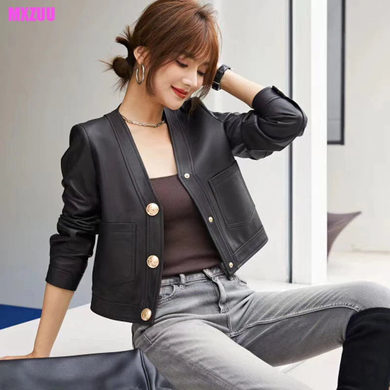 Genuine Sheepskin Casacas Para Mujer Women Casual V-neck Short Khaki/White/Black Leather Jacket Feminino Slim Tops Trendy Pocket